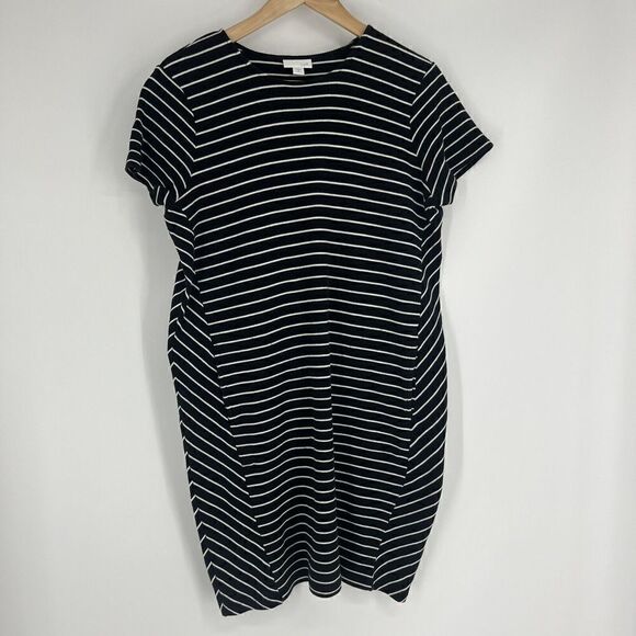 J Jill Dress Size Medium Petite Womens Black White Shift Pockets Stripe Knit - Picture 1 of 8